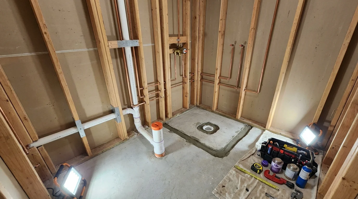 Bathroom rough-in plumbing during remodel by Johns Plumbing LLC in Slocomb