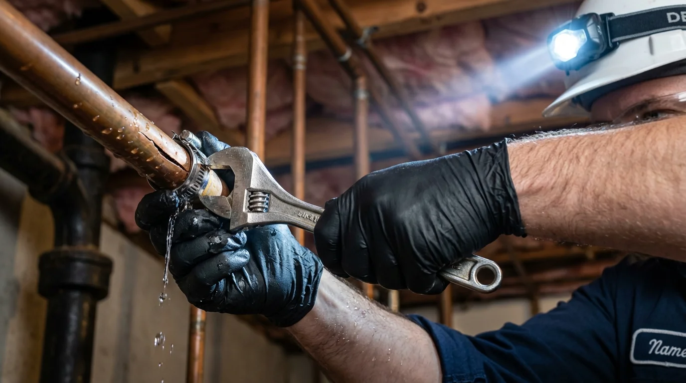 Emergency pipe clamp repair being performed by a Johns Plumbing LLC plumber in Slocomb
