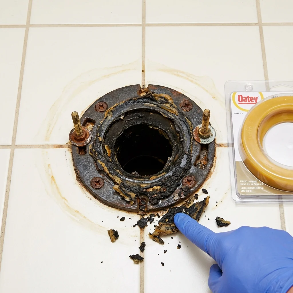 Failed wax ring showing water seepage at the base of a toilet in a Slocomb, AL home