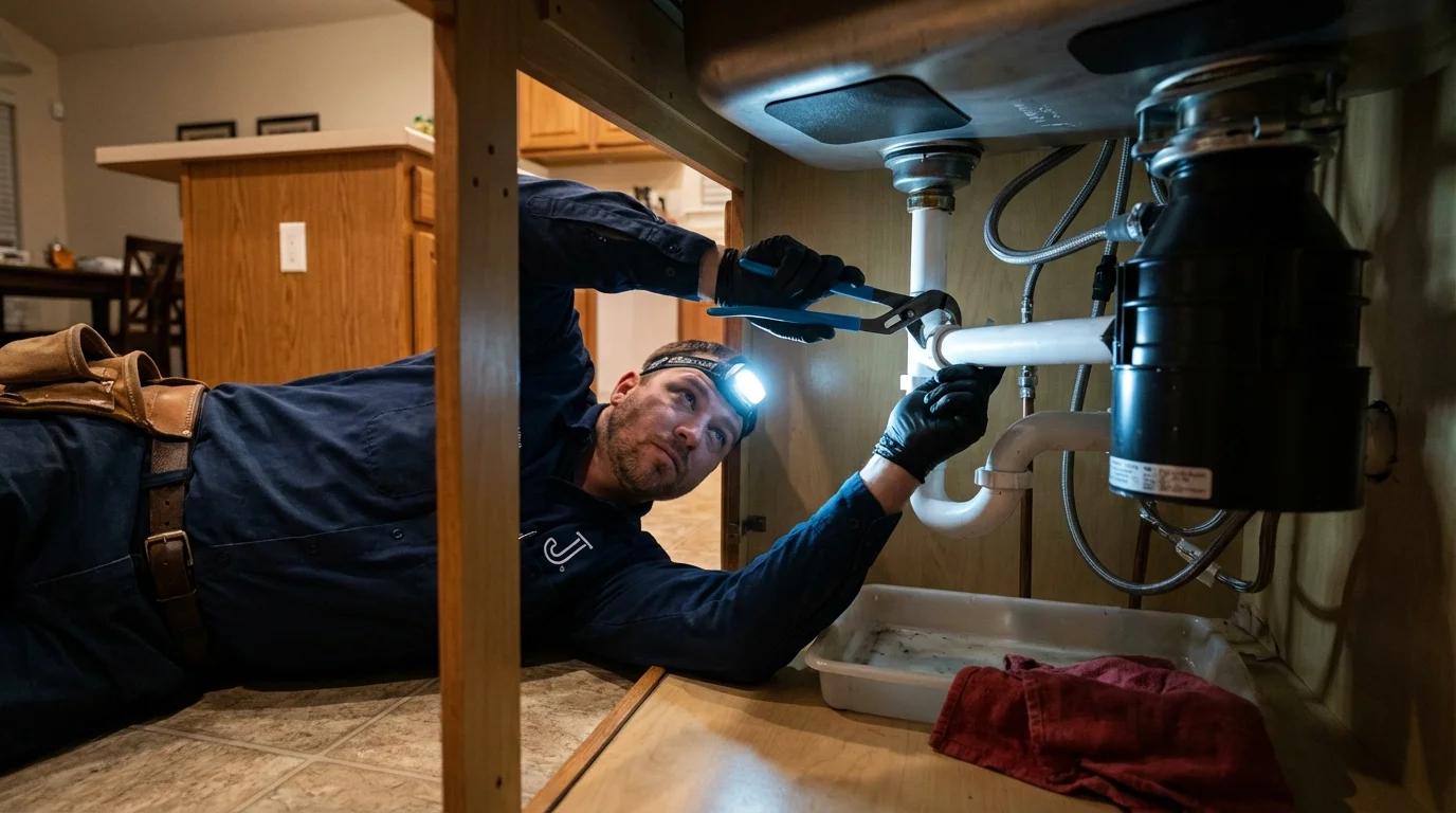P-trap and supply line connections under a kitchen sink showing a common leak point in Slocomb, AL